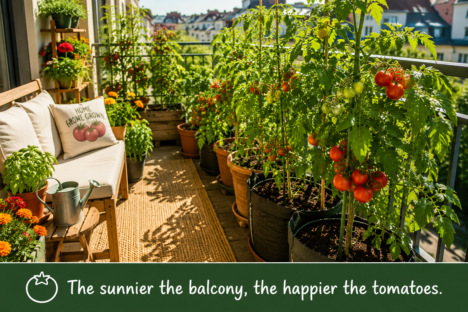 Beautiful south-facing balcony packed with tomato plants