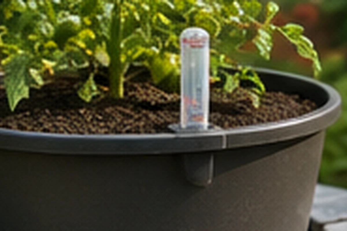 Gardener filling the reservoir of a self-watering tomato container