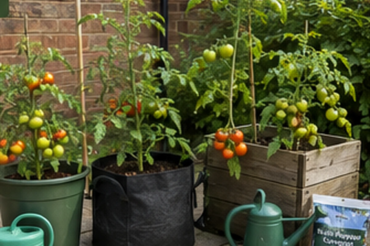 Compact tomato plants growing in stable containers on a small balcony
