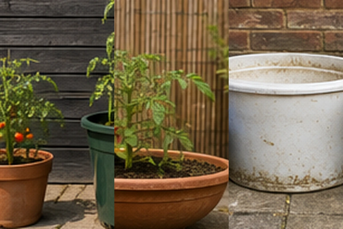 Tomato plants in a small pot unstable narrow pot and poorly drained container