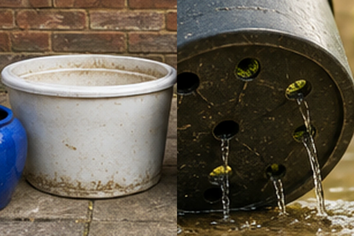 Gardener drilling drainage holes in a recycled bucket for growing tomatoes