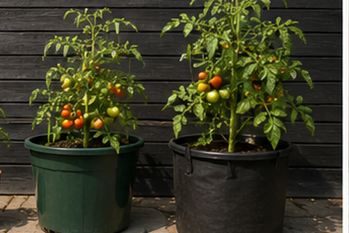 Small medium and large tomato plants growing in different sized containers