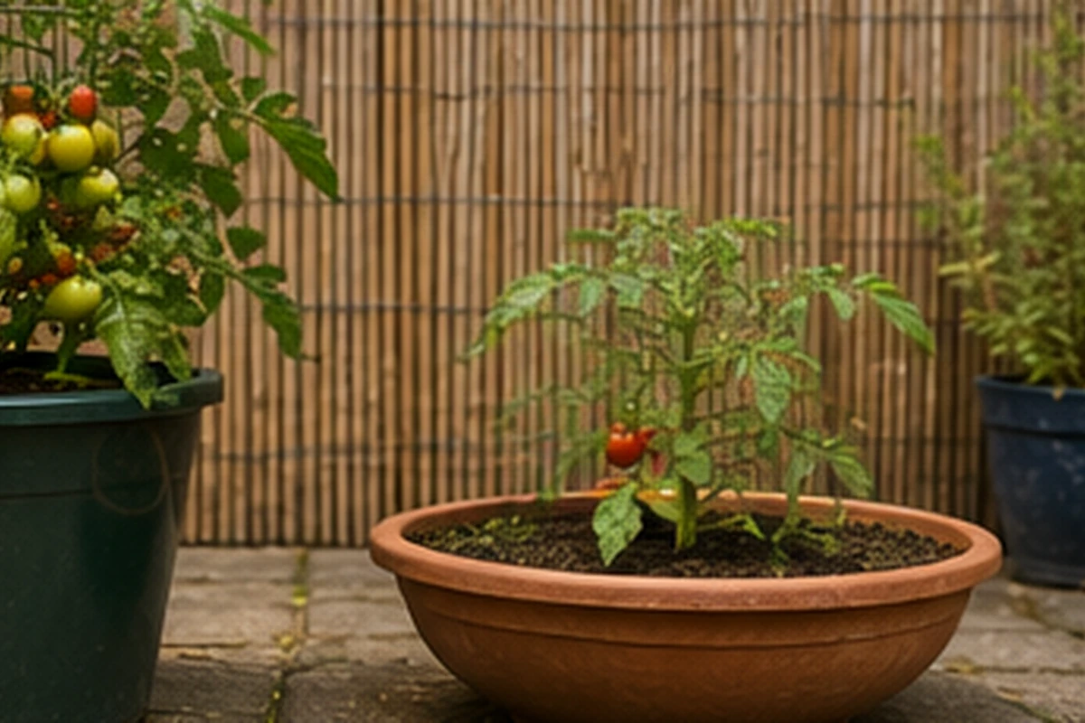 Deep wide tomato pot compared with a shallow decorative container