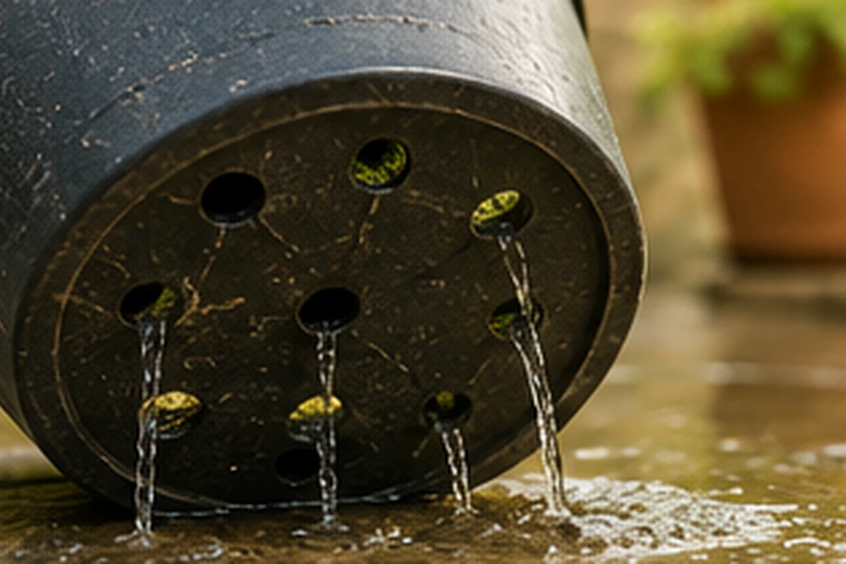 Water draining from several holes in the bottom of a tomato pot