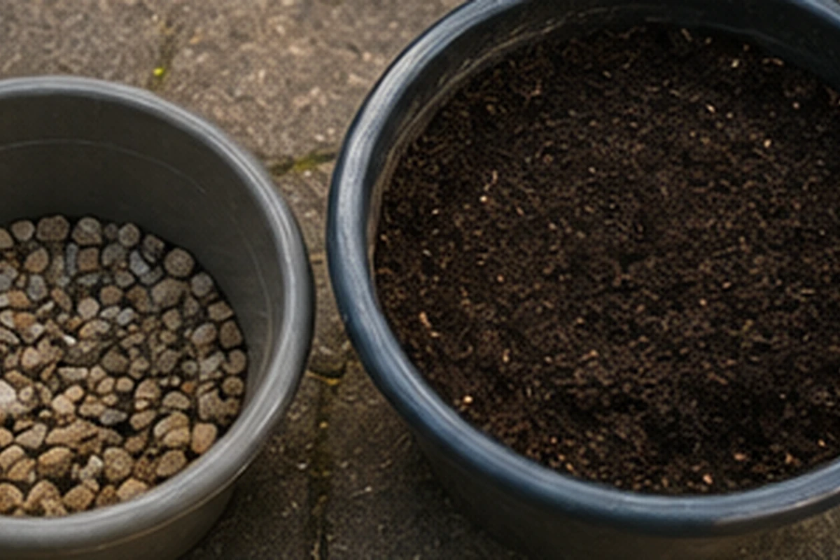 Tomato pot with gravel compared with a pot filled directly with potting mix