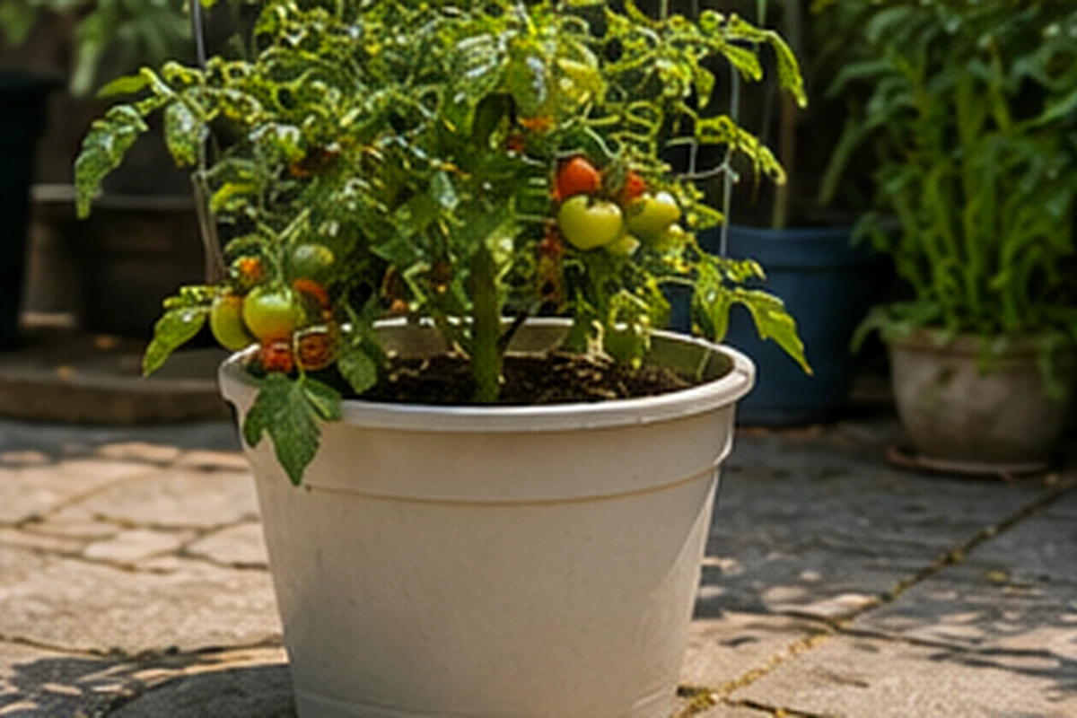 Tomato plant growing in a large light-coloured plastic container