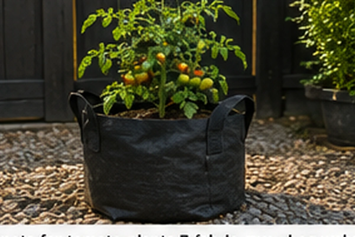Tomato plant growing in a fabric grow bag on a garden patio