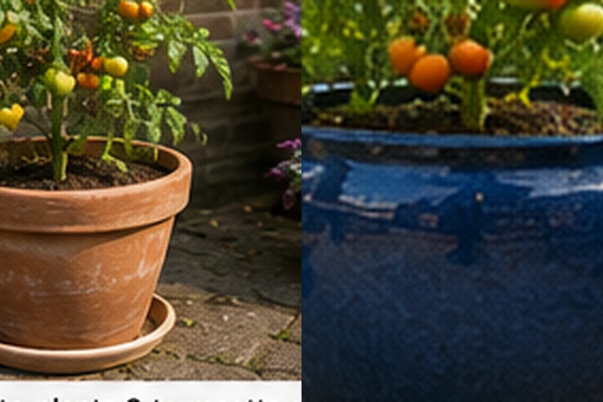 Tomato plants growing in terracotta and glazed ceramic pots