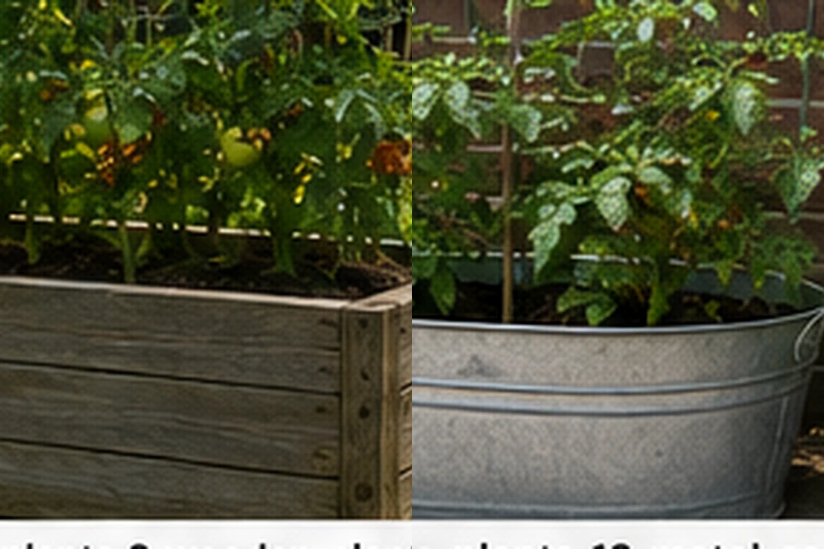 Tomato plants growing in a wooden planter and a galvanised metal container