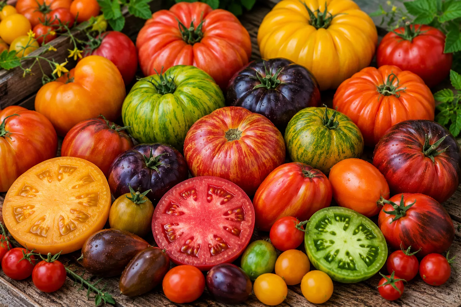 Colourful unusual tomato varieties including green striped, yellow, orange, red and dark purple tomatoes