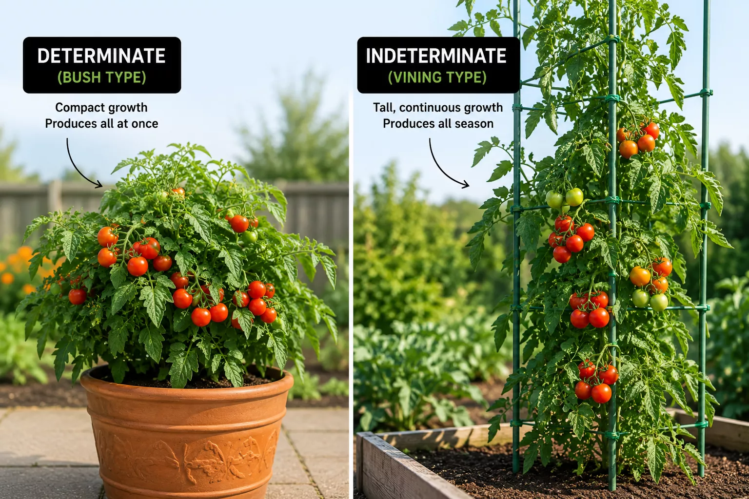Compact bush tomato plant beside a tall vining tomato plant on a trellis