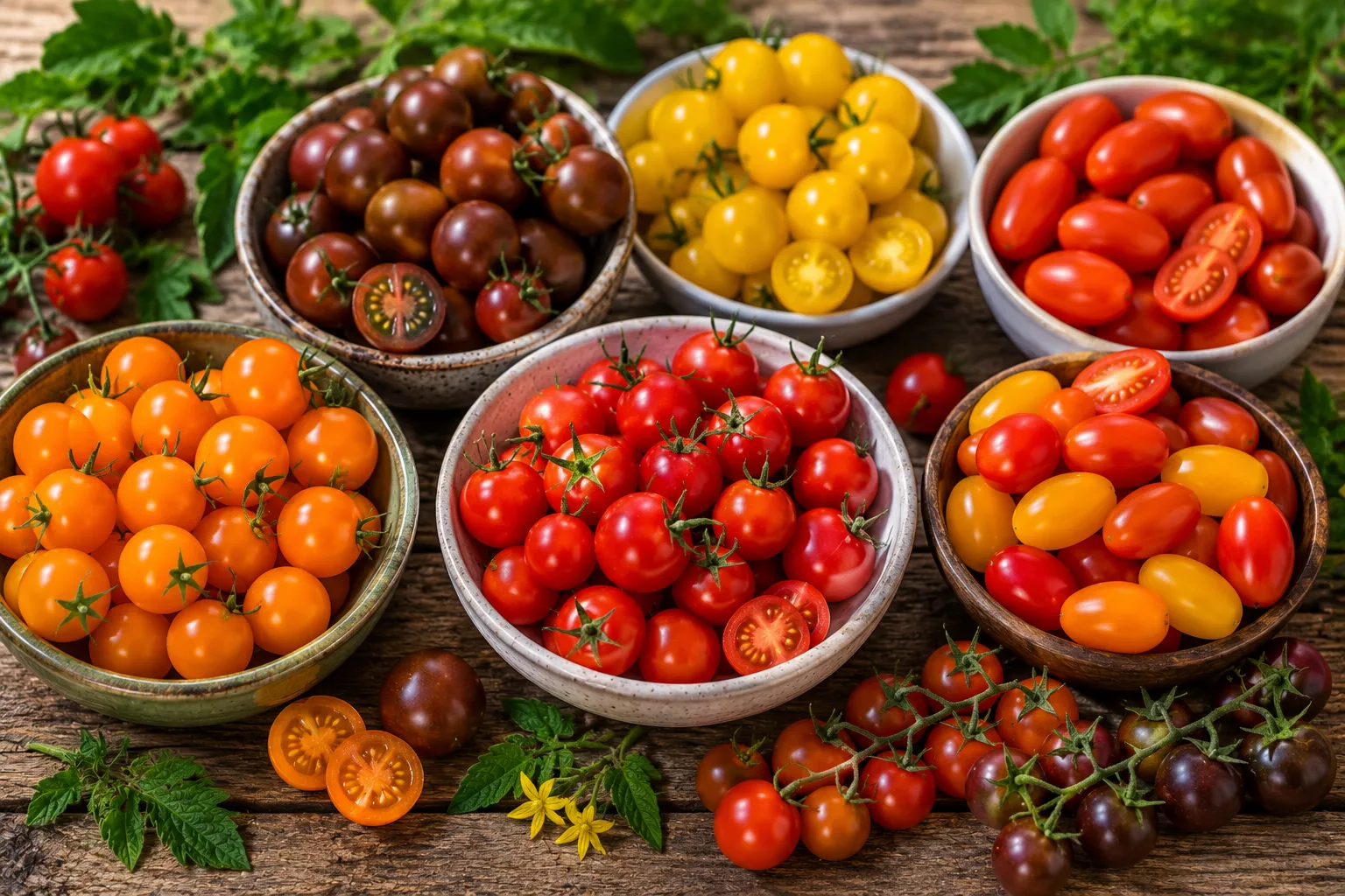 Colourful cherry and grape tomatoes in small bowls