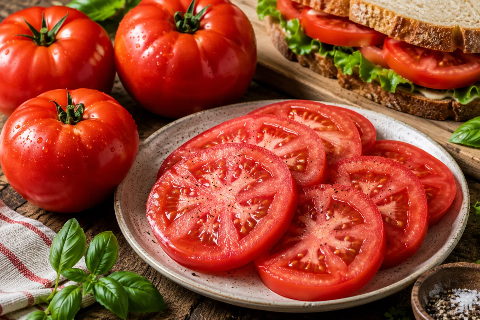Thick slices of classic red tomatoes beside sandwich bread