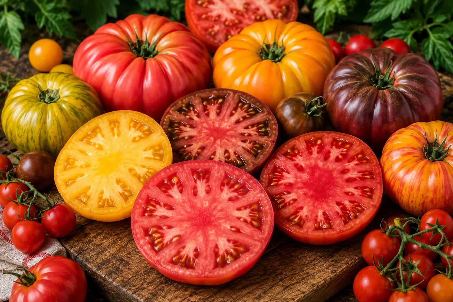 Large colourful beefsteak tomatoes sliced open on a rustic wooden board