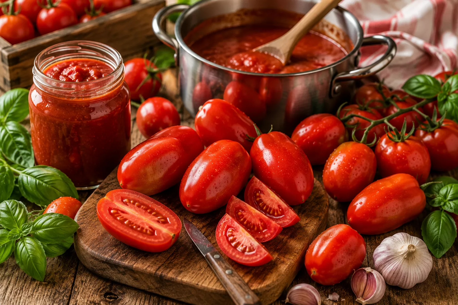 Roma and plum tomatoes beside a saucepan and jar of tomato sauce
