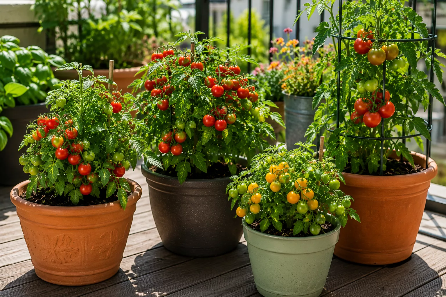 Compact tomato plants growing in pots on a sunny patio