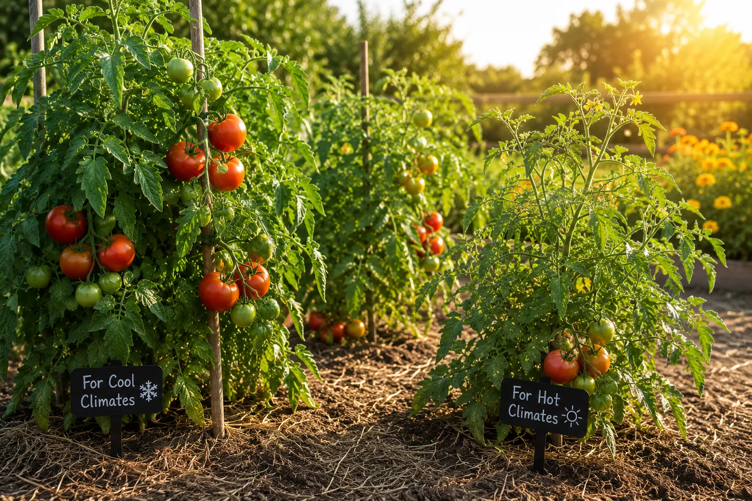 Healthy tomato plants growing outdoors in sunlight for cool and hot climates