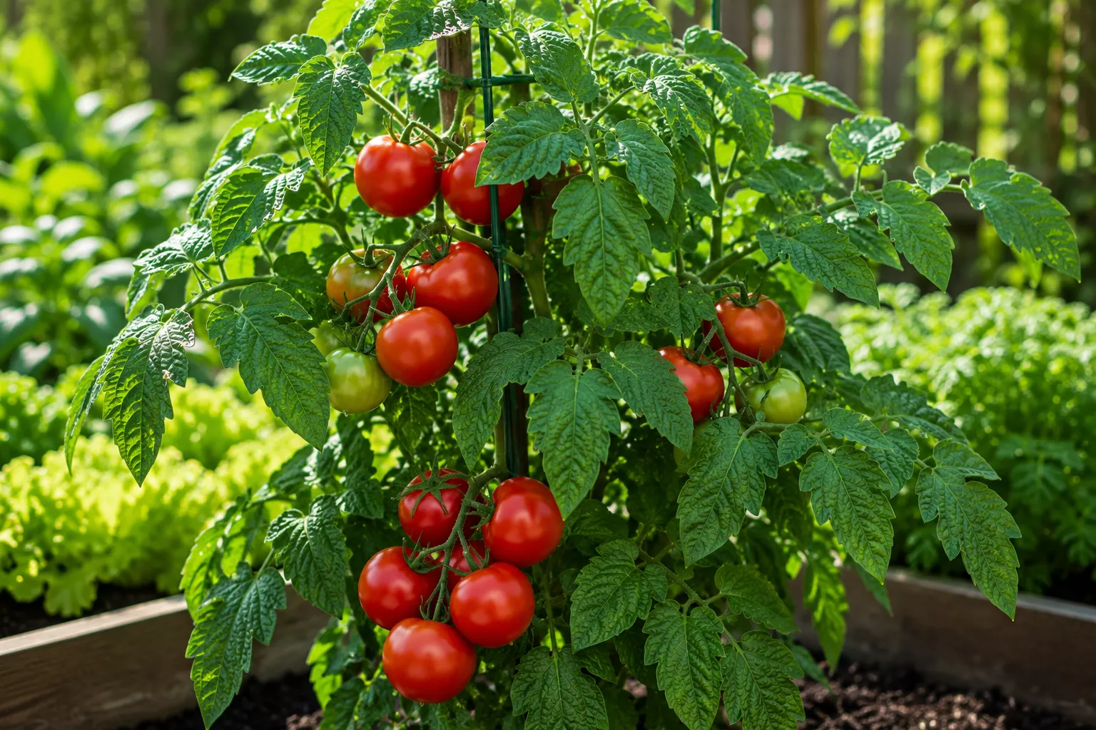Strong healthy tomato plant with clean green leaves and red fruit