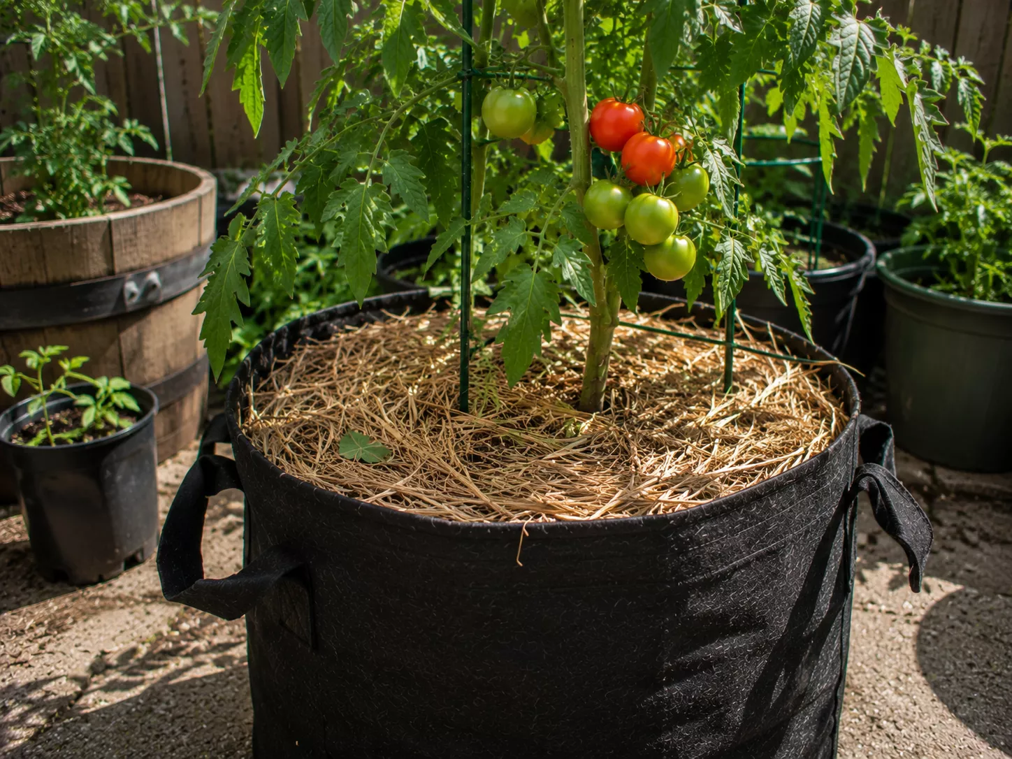 Straw mulch around a tomato plant in a grow bag.