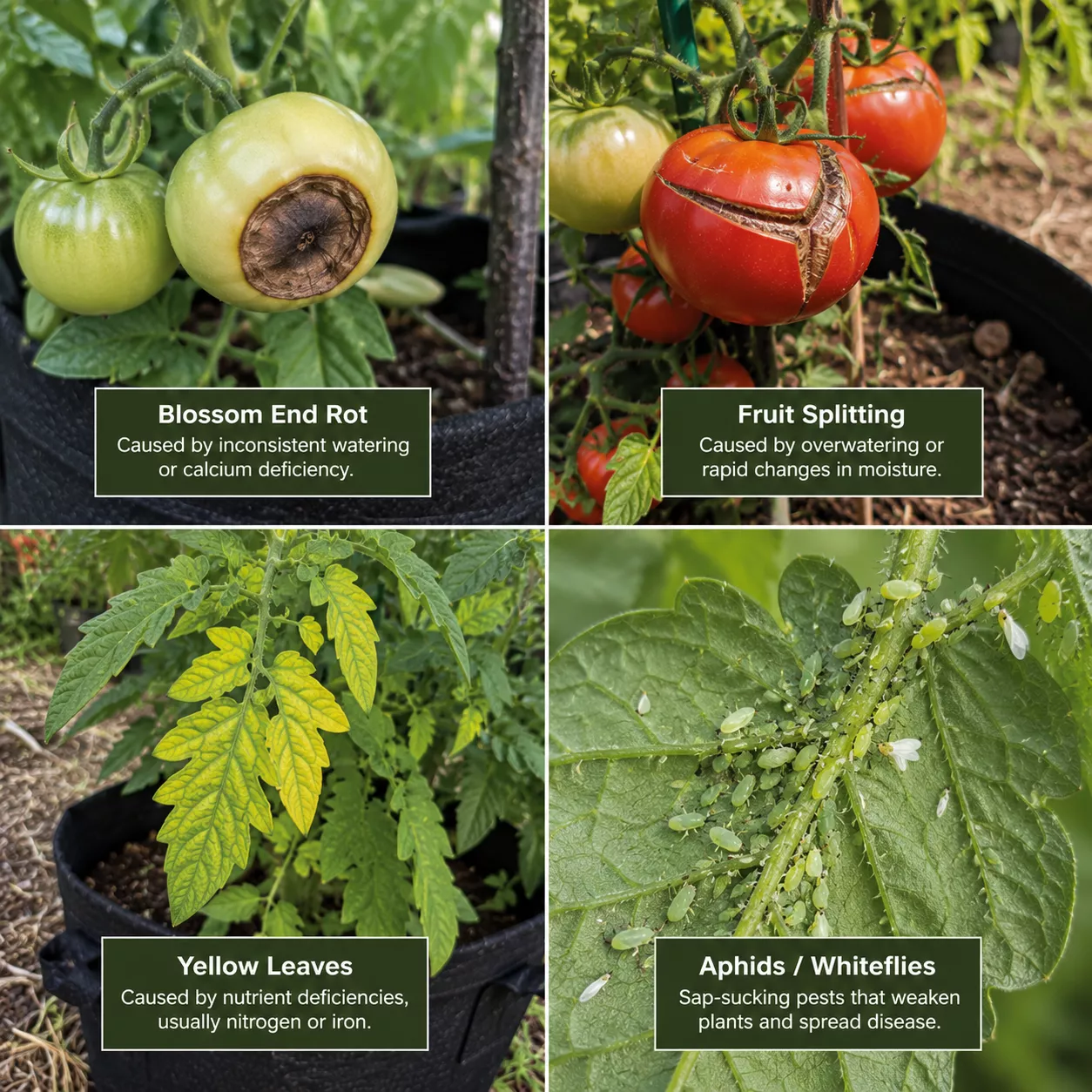 Grid showing blossom end rot, fruit splitting, yellow leaves, and aphids on tomato plants.