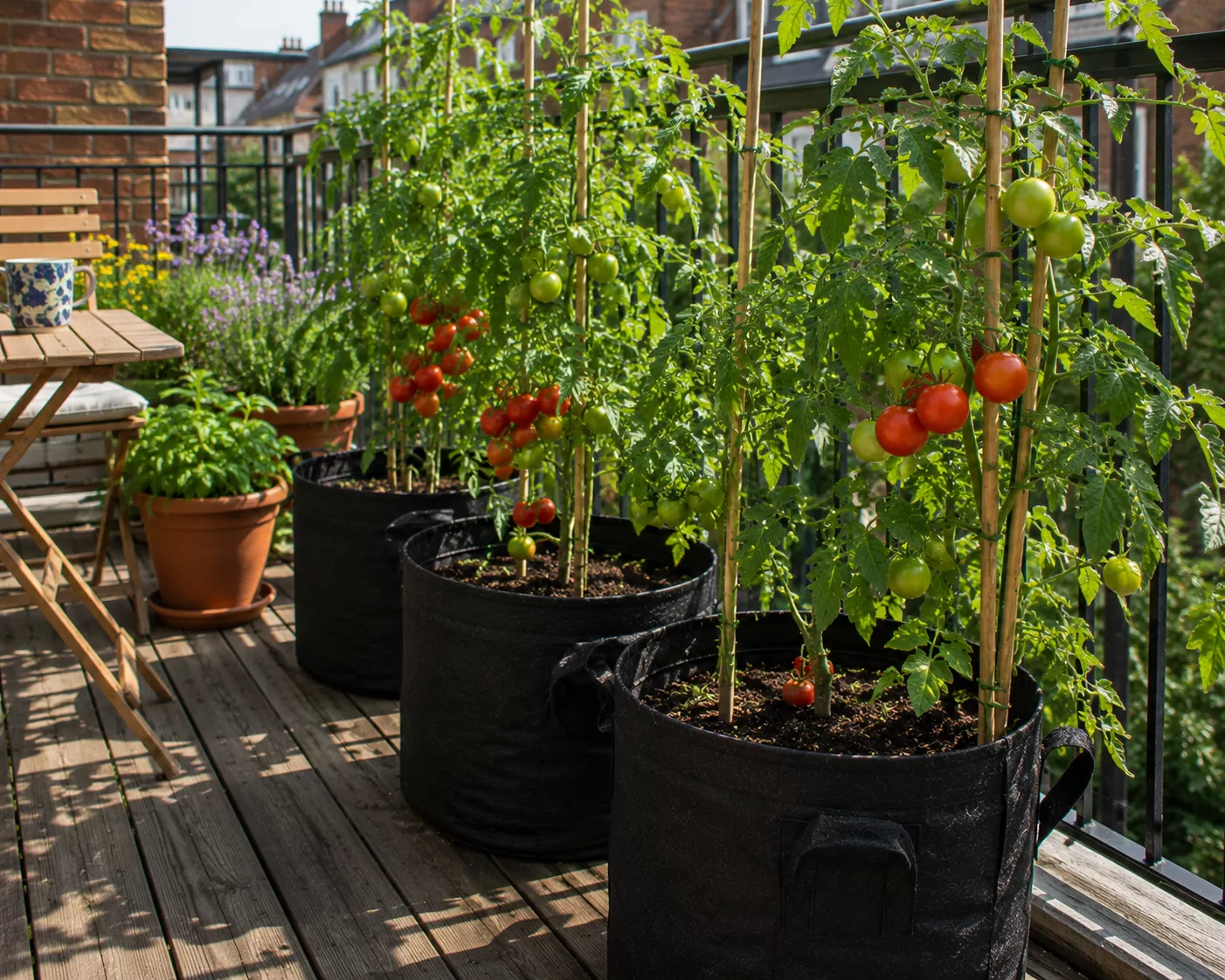 Tomatoes in grow bags on a sunny balcony.