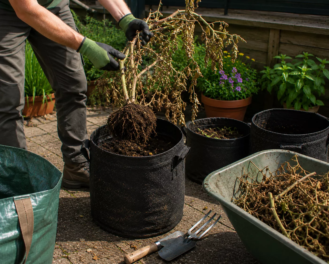 Gardener cleaning old tomato plants and empty grow bags at the end of the season.