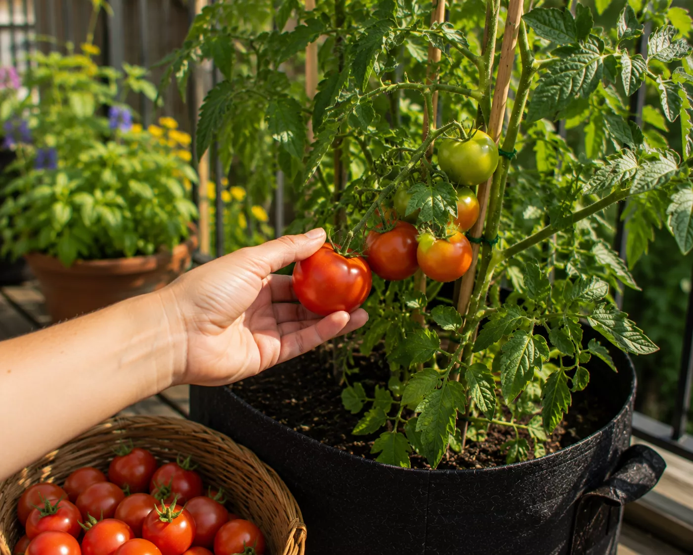 Fresh ripe tomatoes being picked from a plant in a grow bag.