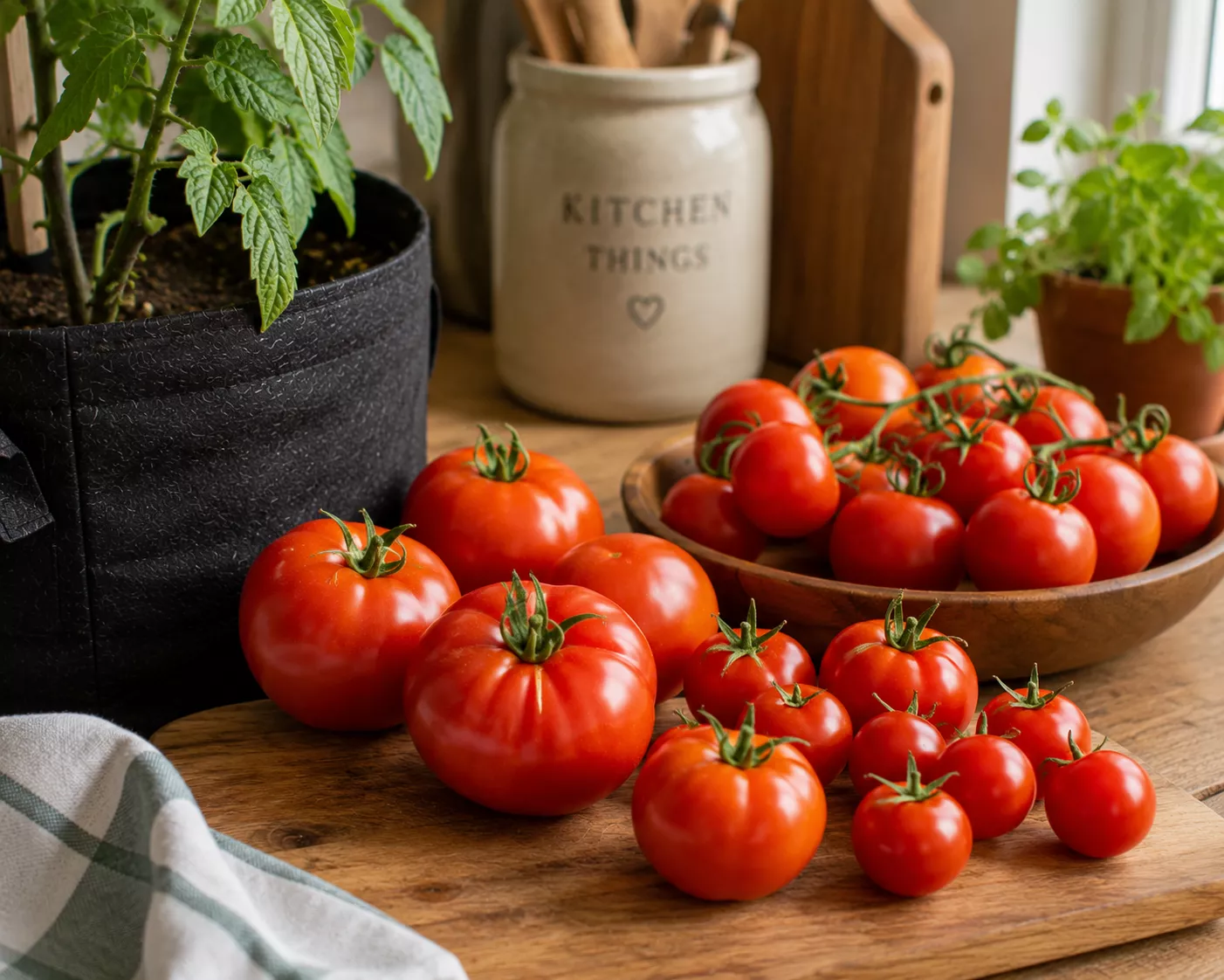 Fresh tomatoes from grow bags stored on a kitchen counter.