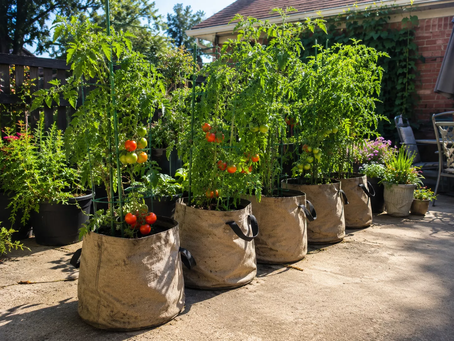 Healthy tomato plants growing in fabric grow bags on a sunny patio.