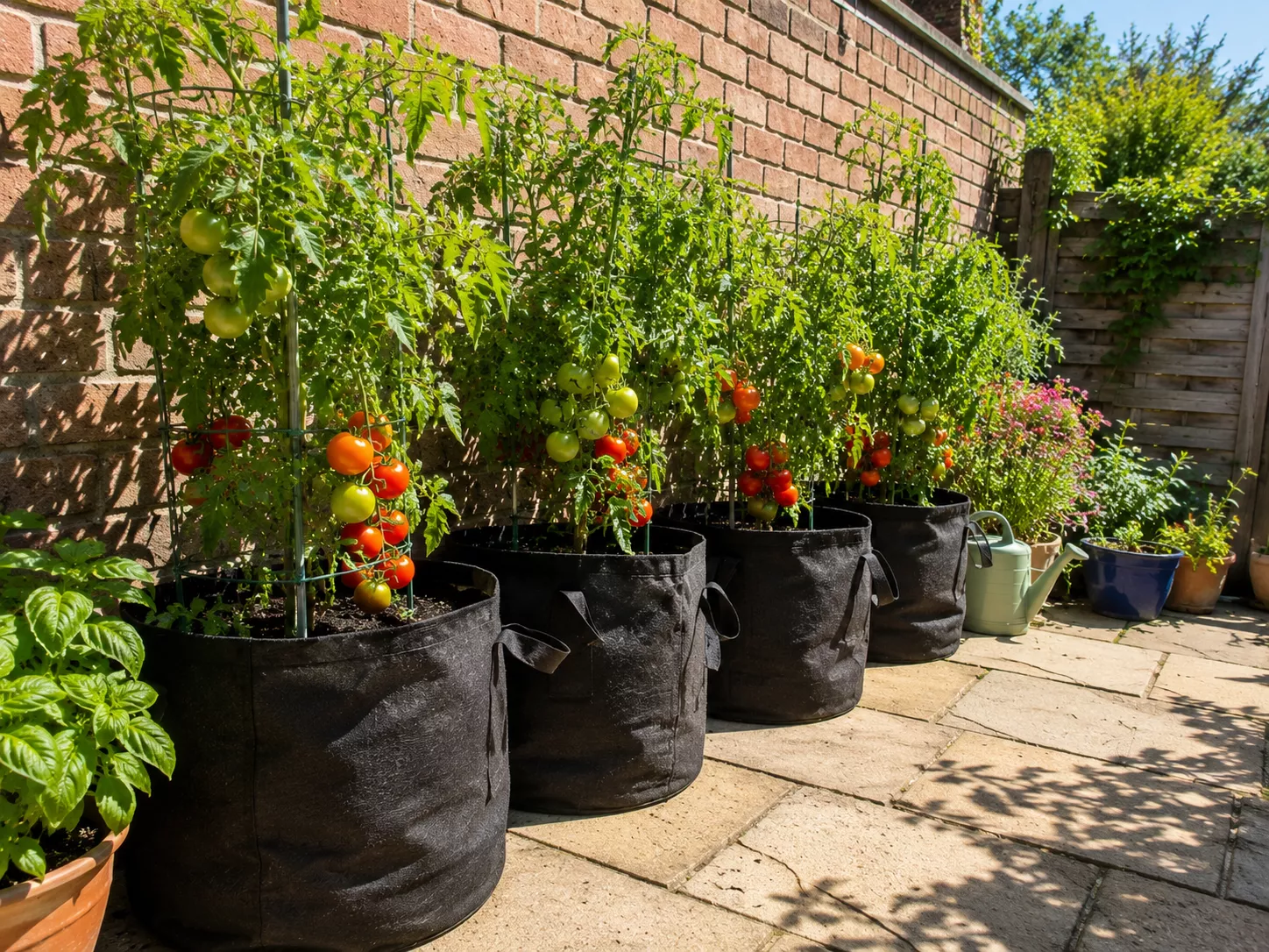Tomato grow bags placed in a sunny sheltered spot beside a wall.
