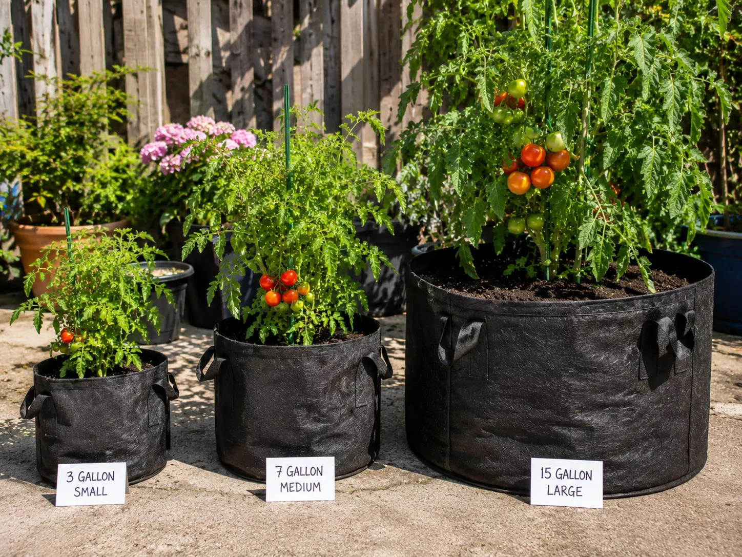 Different sizes of fabric grow bags for tomato plants.