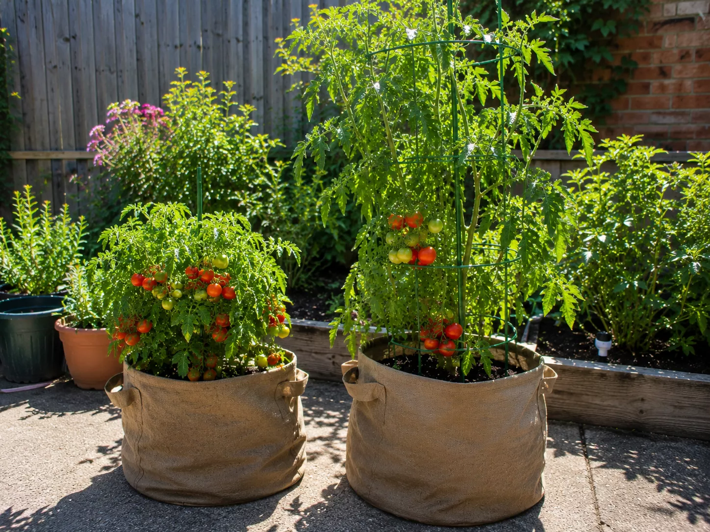 Compact tomato plants and cherry tomatoes growing in bags.