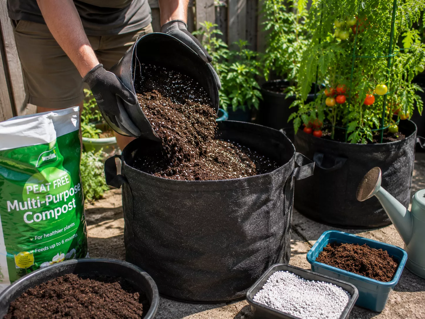 Gardener filling a fabric grow bag with compost and potting mix.