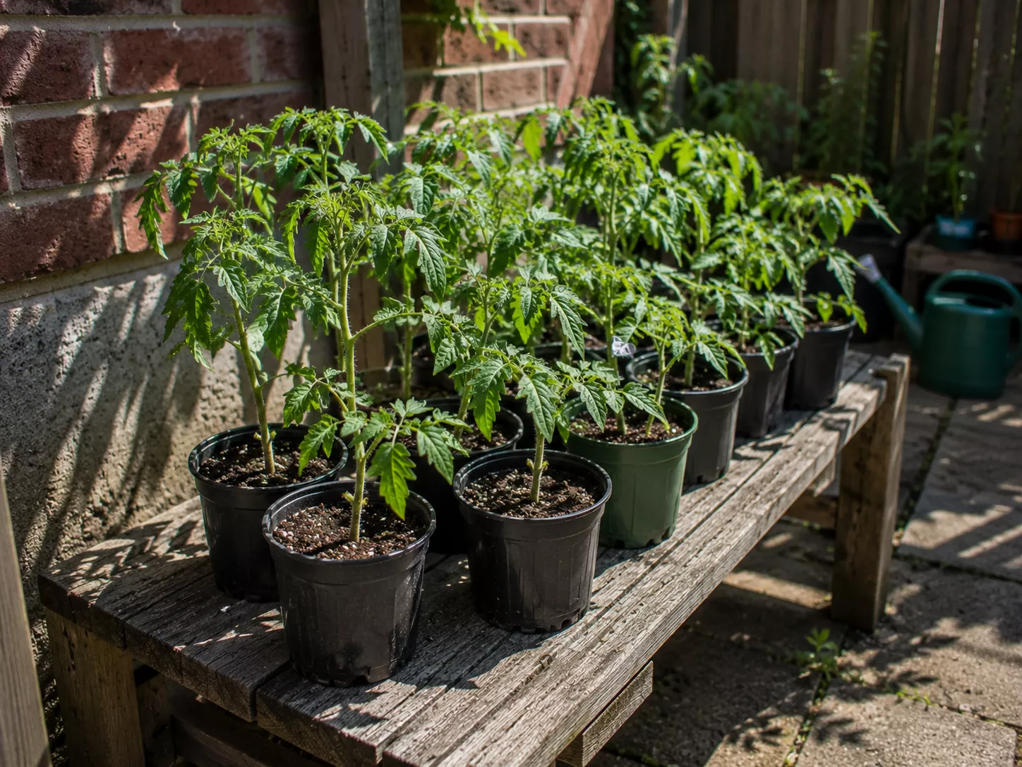 Young tomato plants being hardened off outdoors before planting.