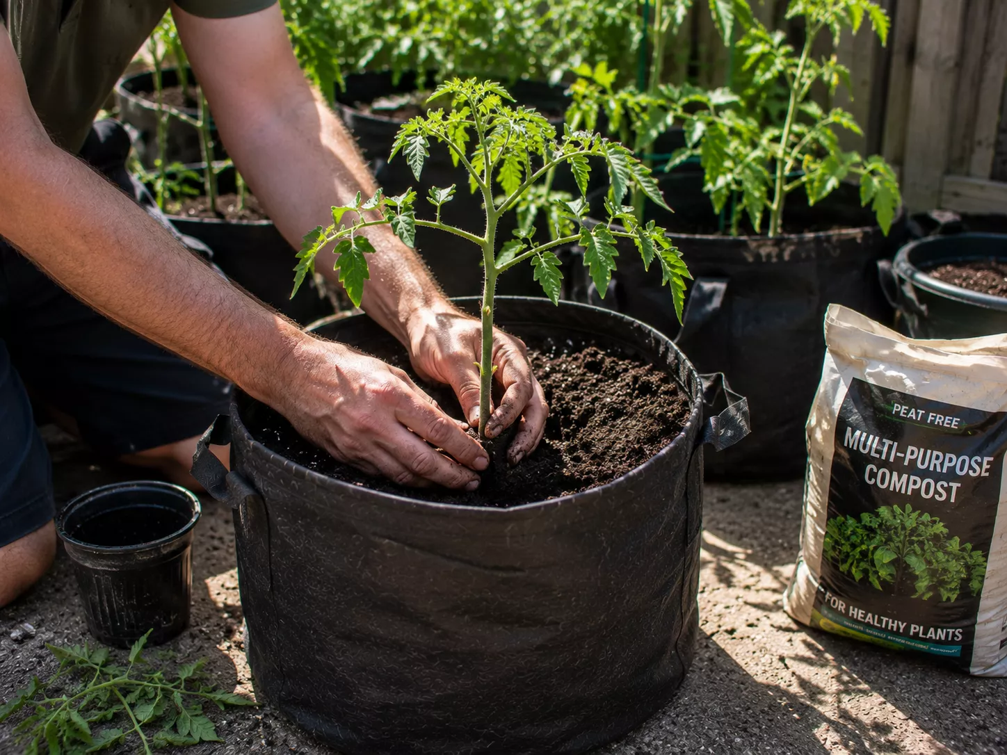 Tomato seedling being planted deeply into a fabric grow bag.