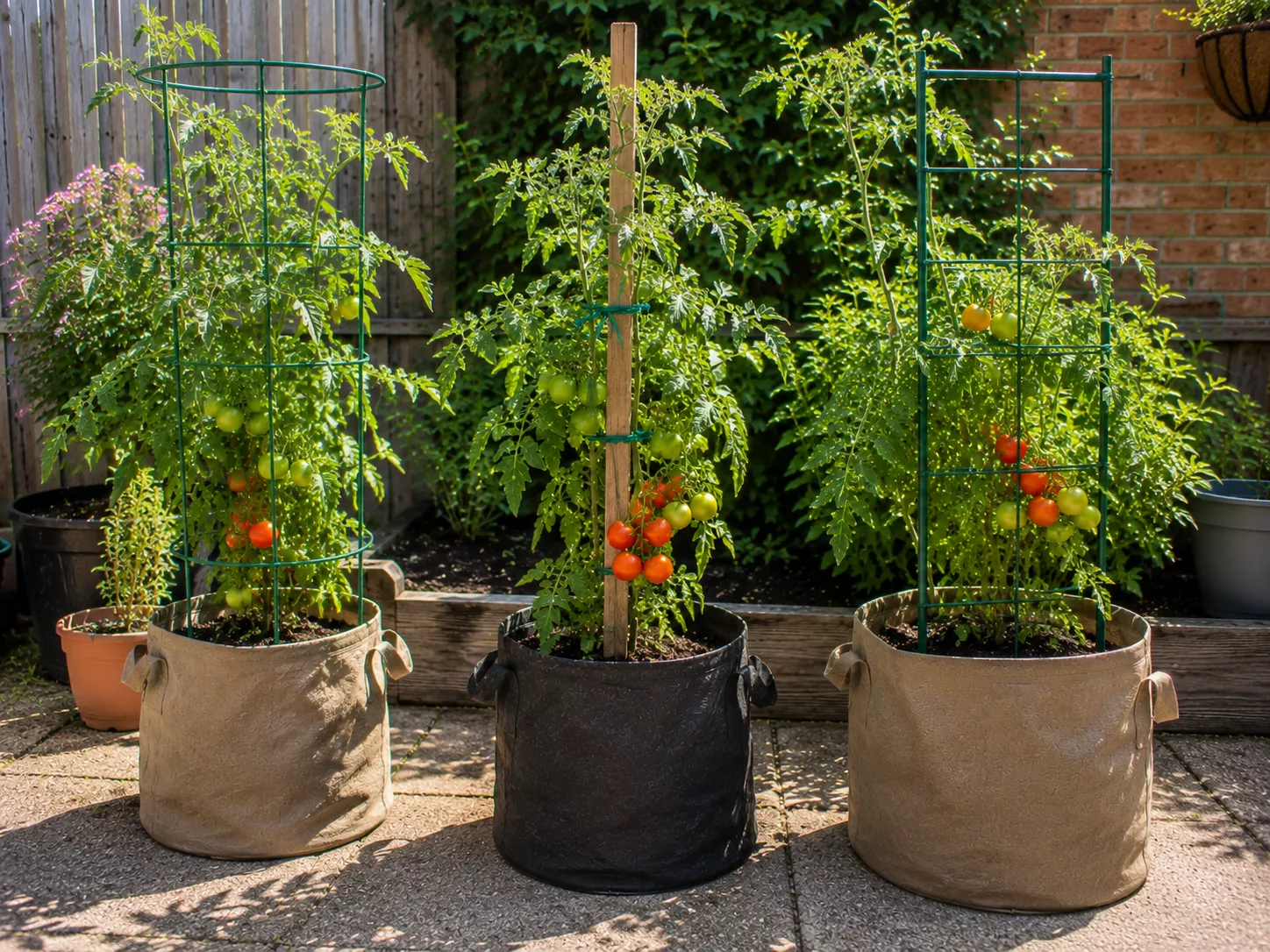Tomatoes in grow bags supported with stakes and cages.