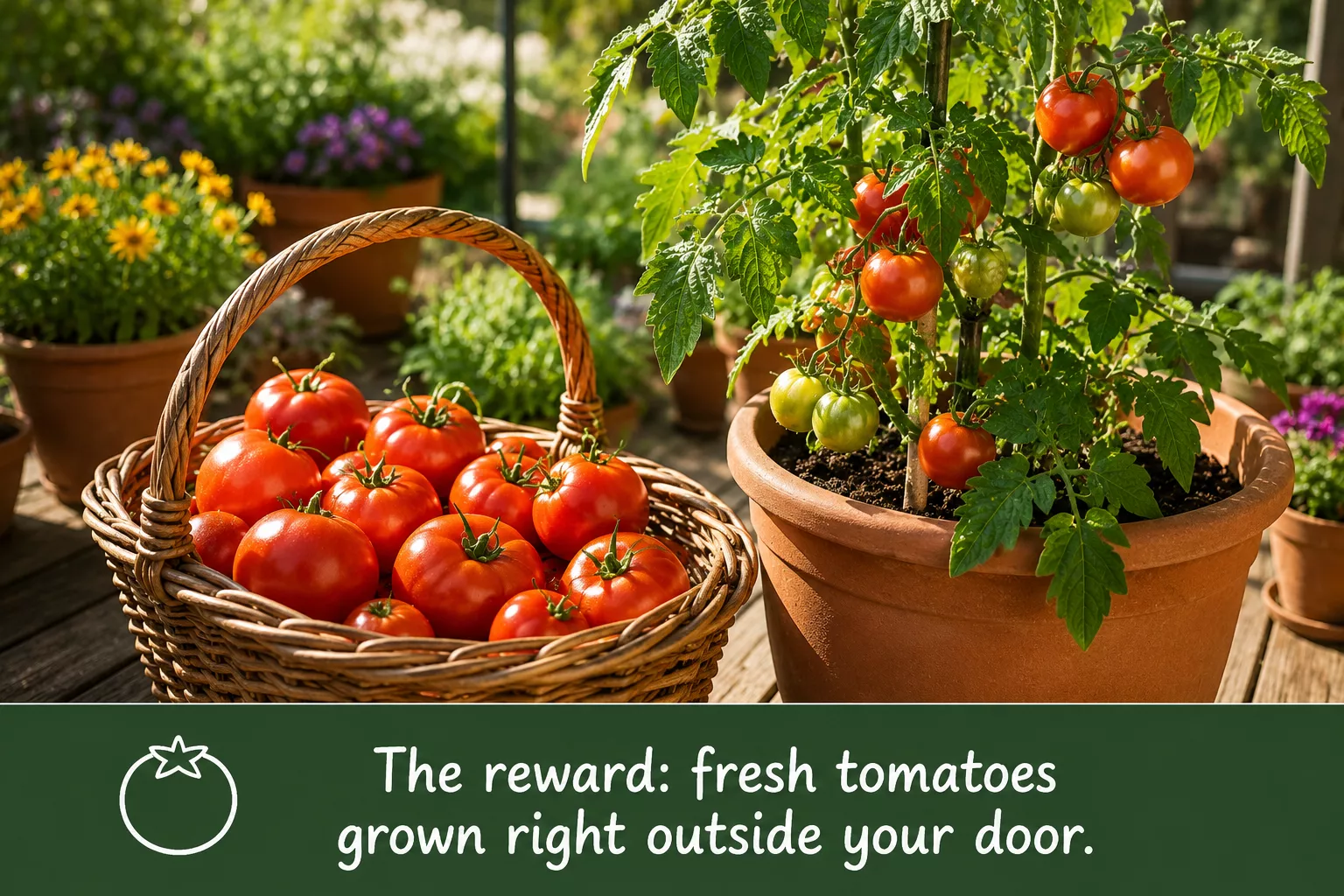 Basket of freshly picked tomatoes beside a large potted tomato plant on a sunny patio