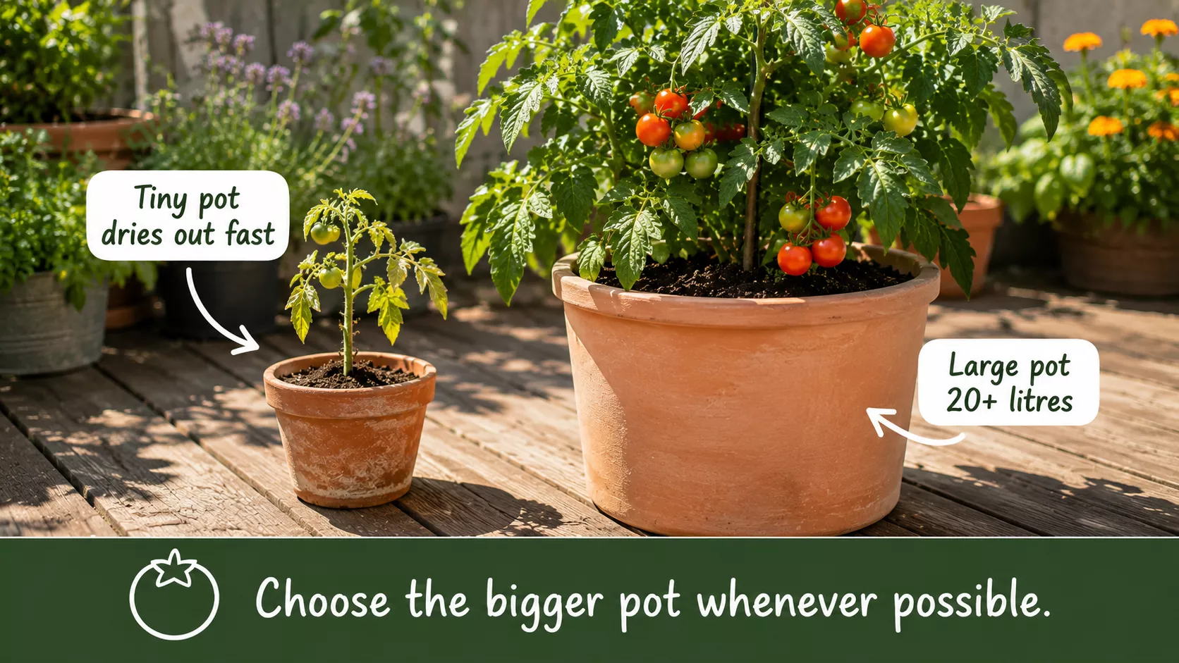 Two tomato plants comparing a tiny pot with a large pot for better tomato growth