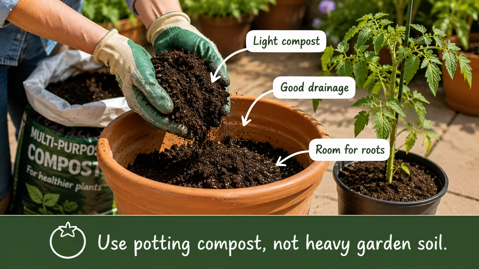 Hands filling a large terracotta pot with light potting compost for tomatoes