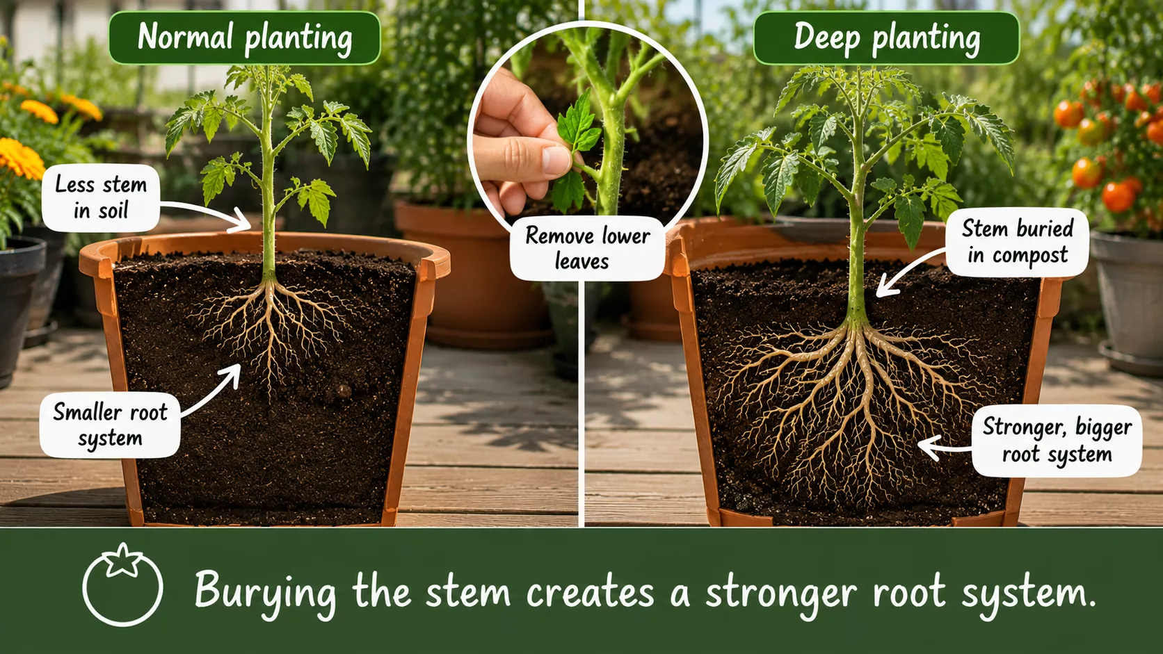 Normal planting compared with deep planting a tomato seedling to create stronger roots