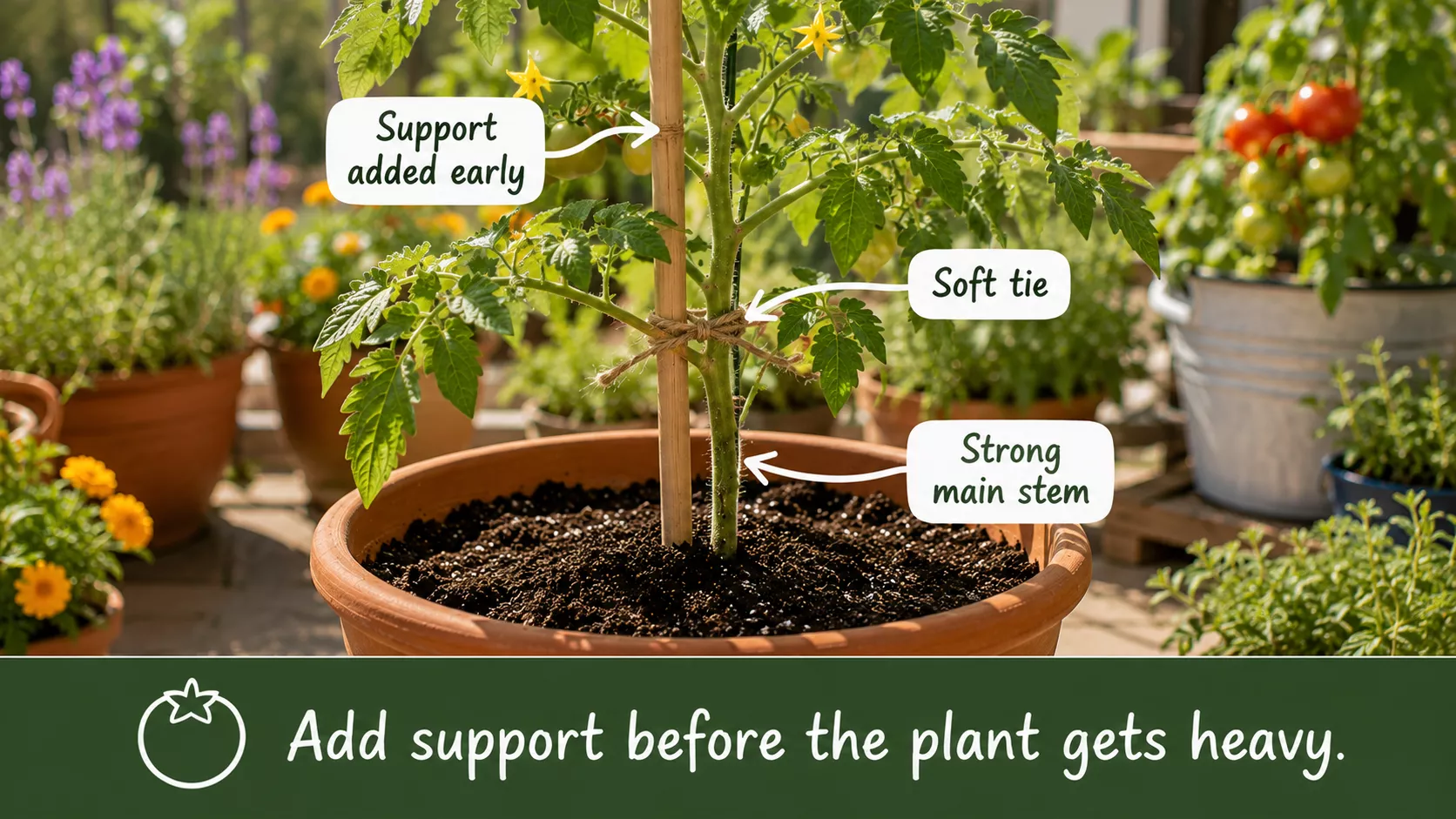 Young tomato plant supported early with a bamboo cane and soft tie