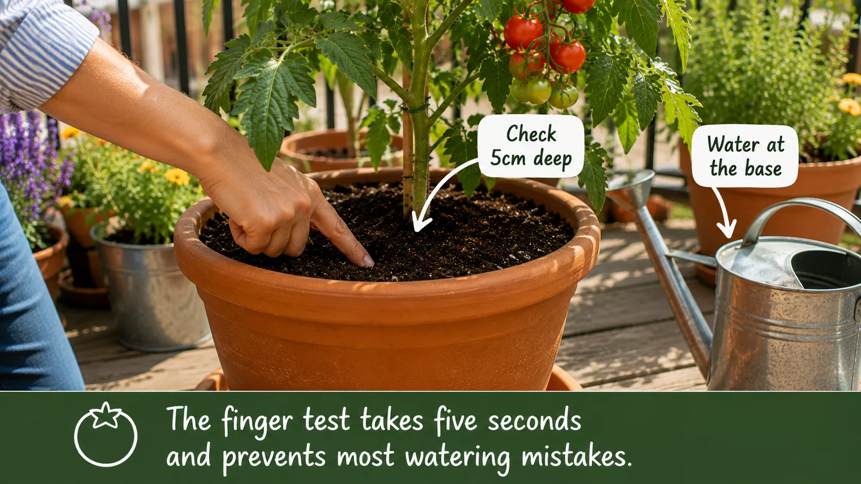 Finger test for checking moisture before watering potted tomatoes