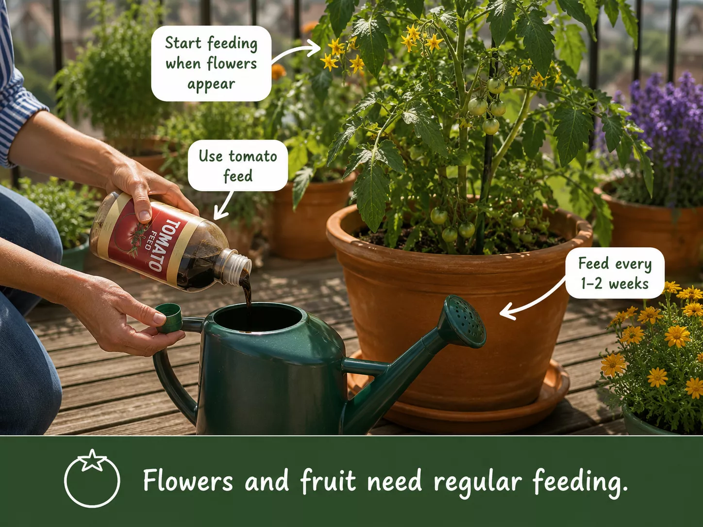 Adding liquid tomato feed to a watering can beside a potted tomato plant