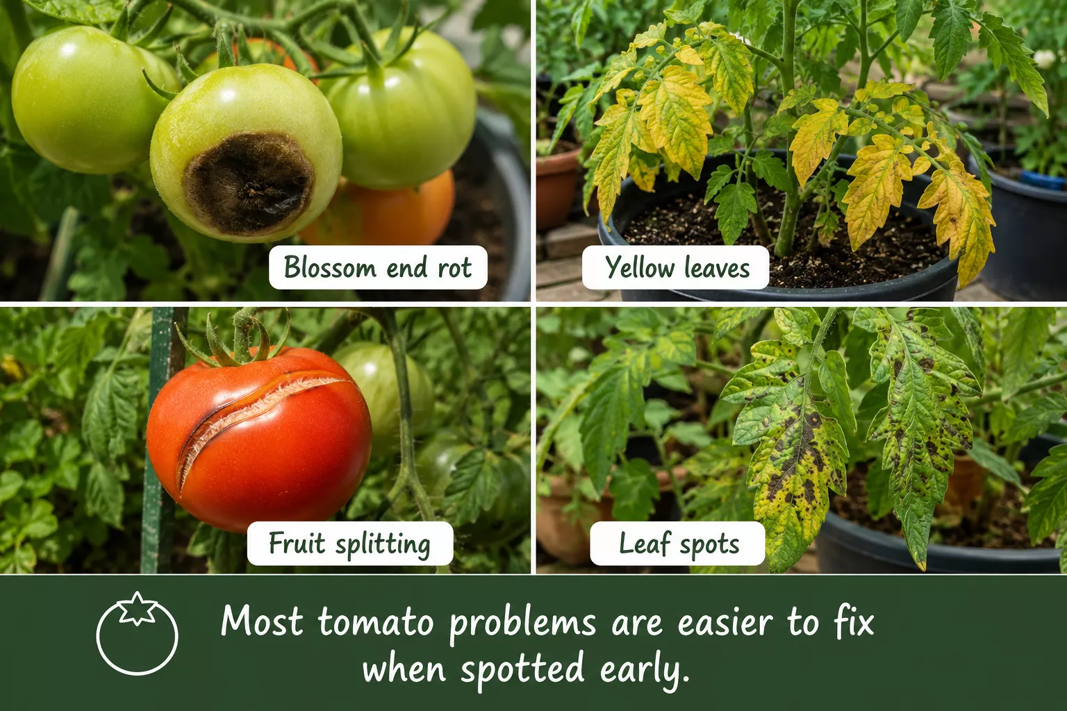 Four common problems on potted tomato plants including blossom end rot, yellow leaves, fruit splitting and leaf spots