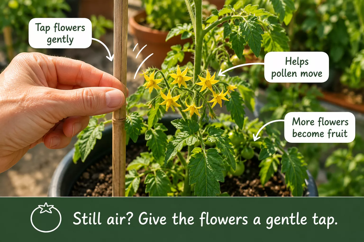 Hand gently tapping tomato flowers to help pollination on a potted tomato plant