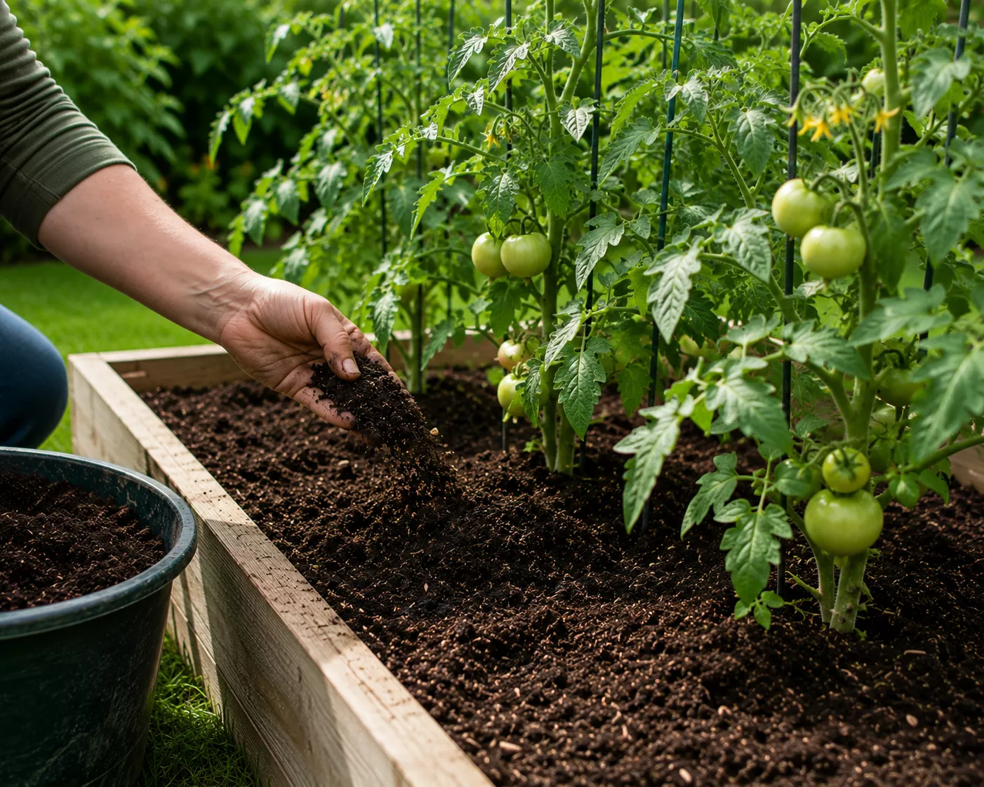 Gardener feeding tomato plants in a raised bed.