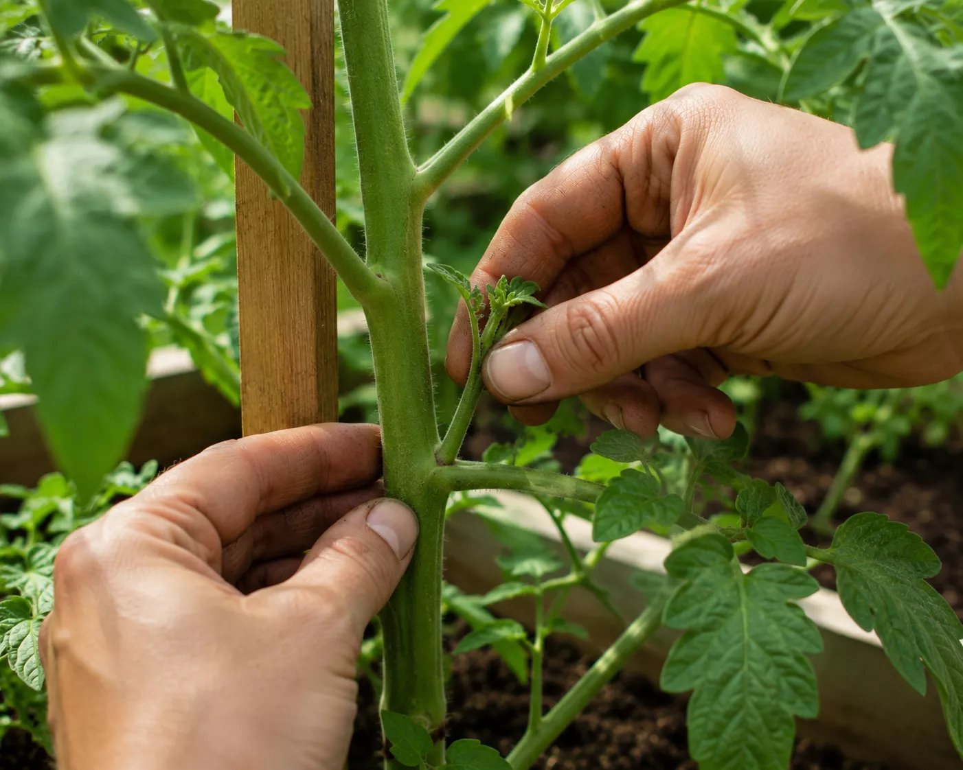 Gardener pinching out a tomato sucker from a tomato plant.