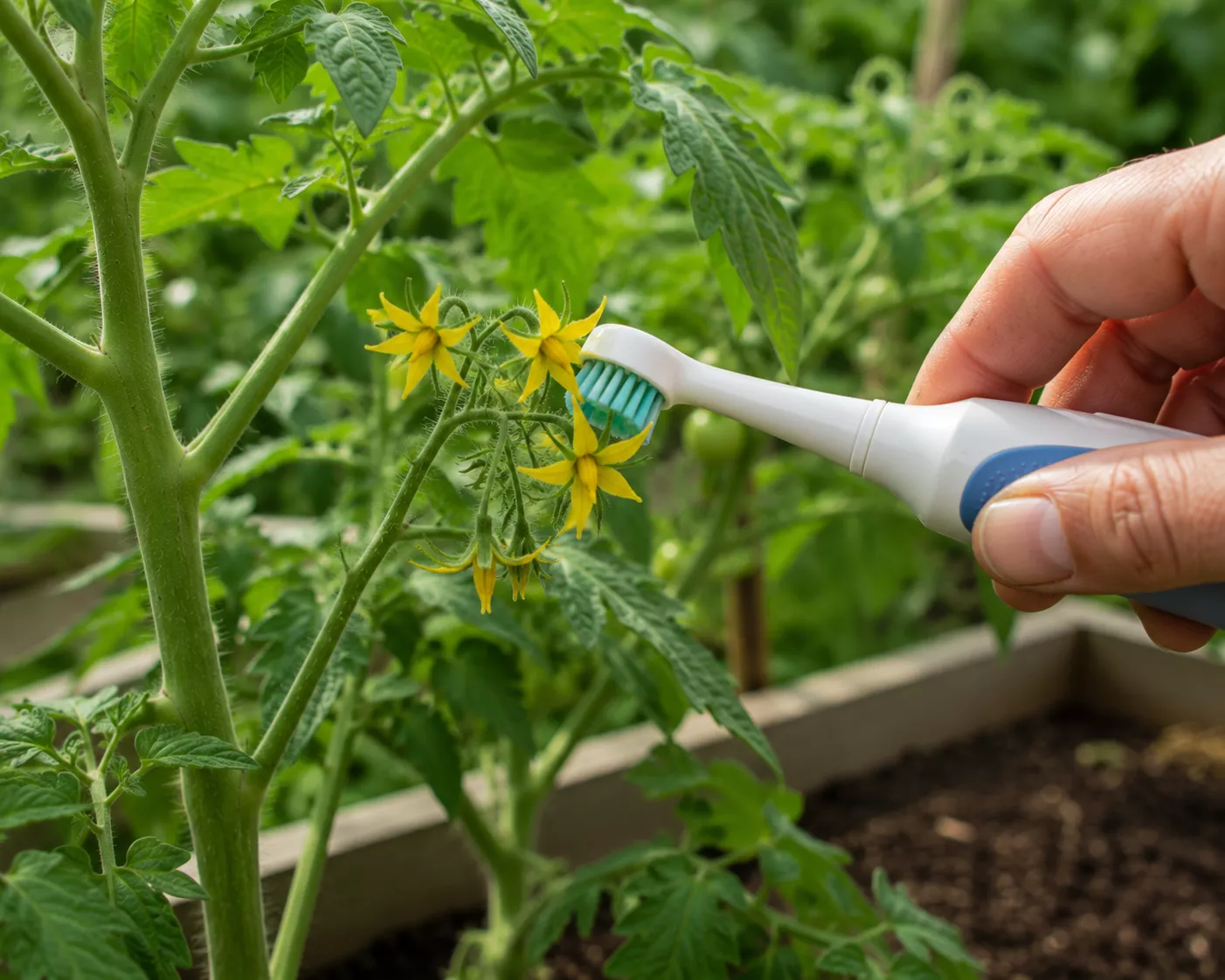 Electric toothbrush being used to pollinate tomato flowers.