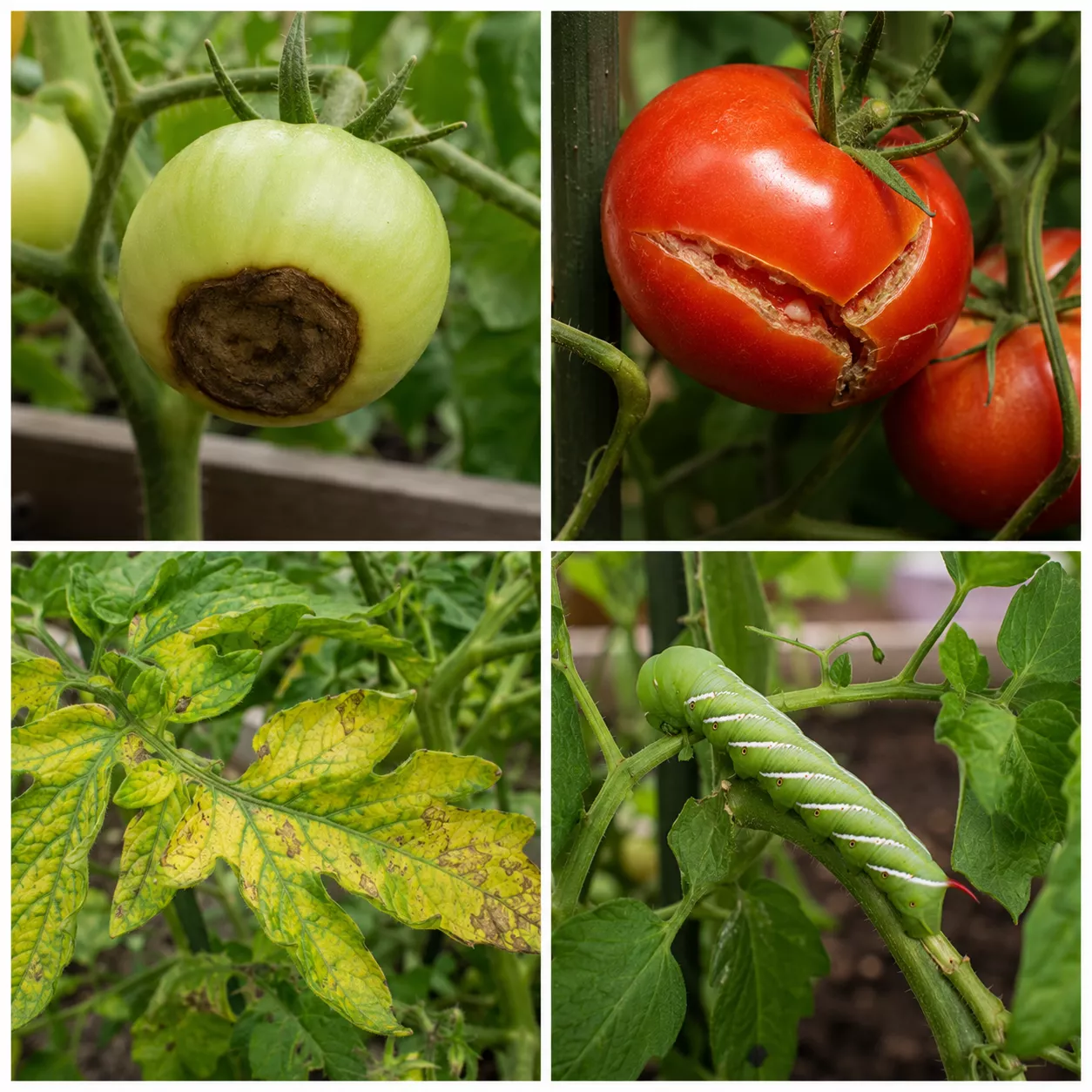 Grid showing common tomato problems including blossom end rot, cracking, yellow leaves, and hornworm.
