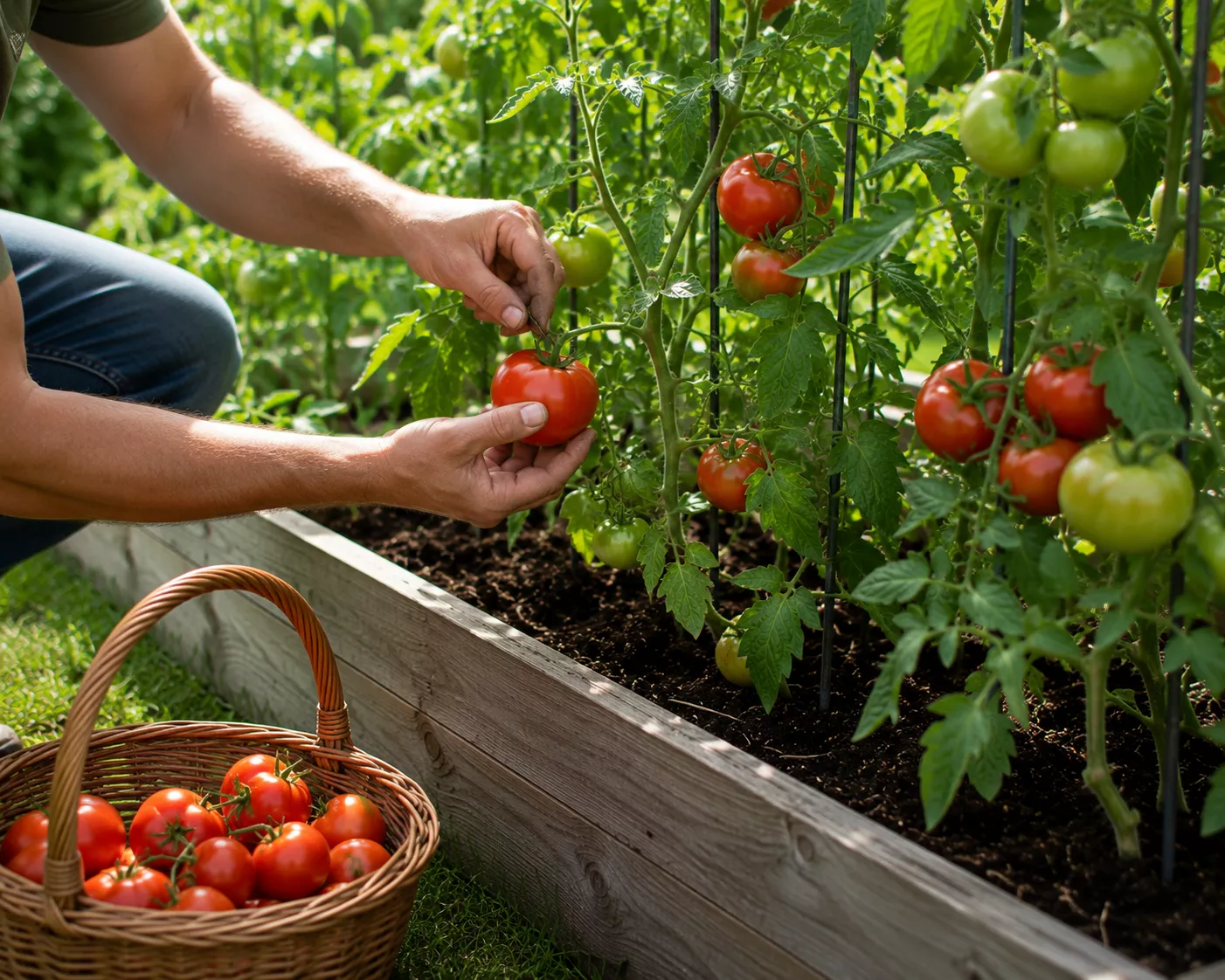 Gardener harvesting ripe tomatoes from a raised bed.